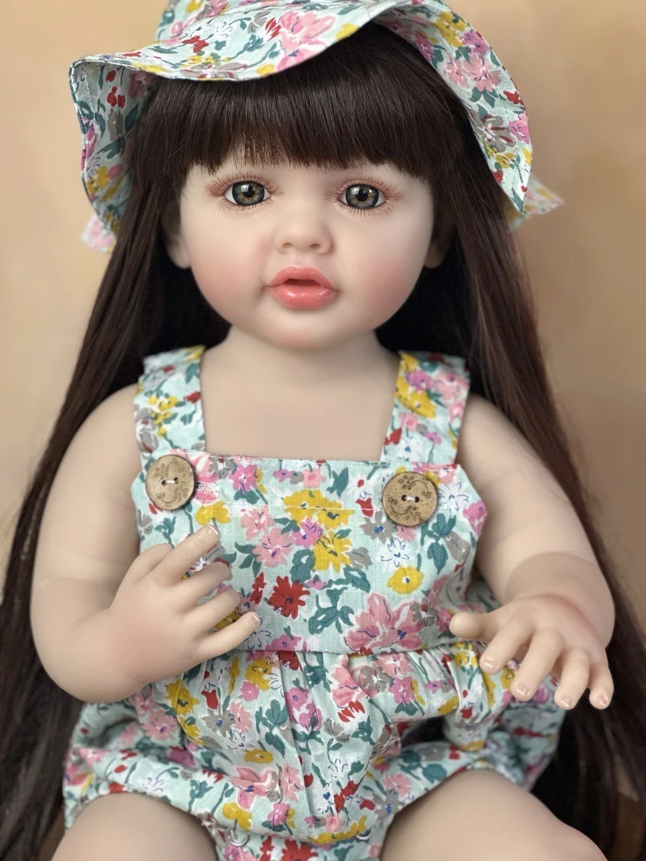 22Inch Cuddly Full Body Silicone Vinyl Bebe Reborn Girl With Long Hair Handmade Lifelike Realistic Reborn Baby Girl Birthday Toy