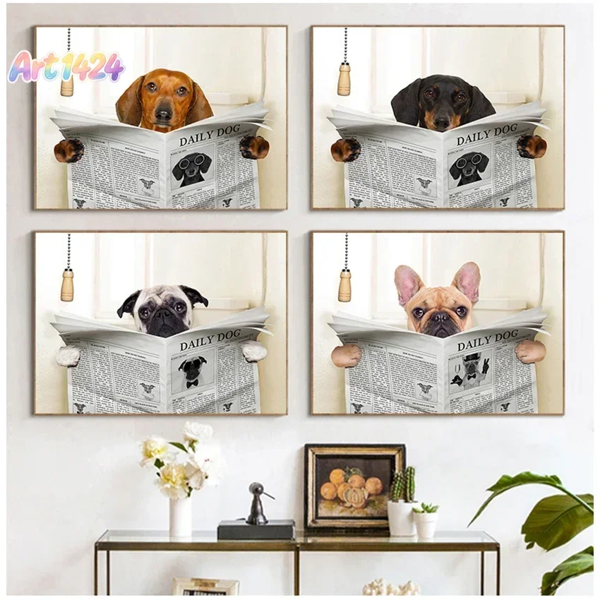 Dogs Lover Gift Dog Reading Newspaper Toilet Wall Art Aesthetics Print Canvas Painting Poster for Living Room Modern Home Dec