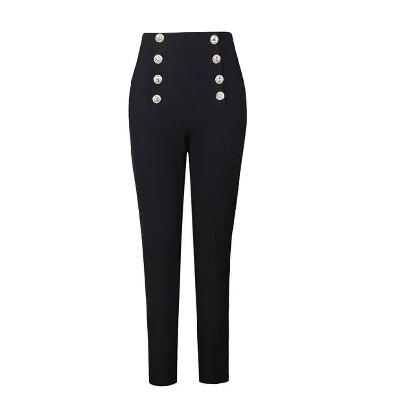 2026 Hot Selling Popular Style Elegant Women Solid Color Black & White Buttons Slim Penci Pants All-match Ankle-Length Capris