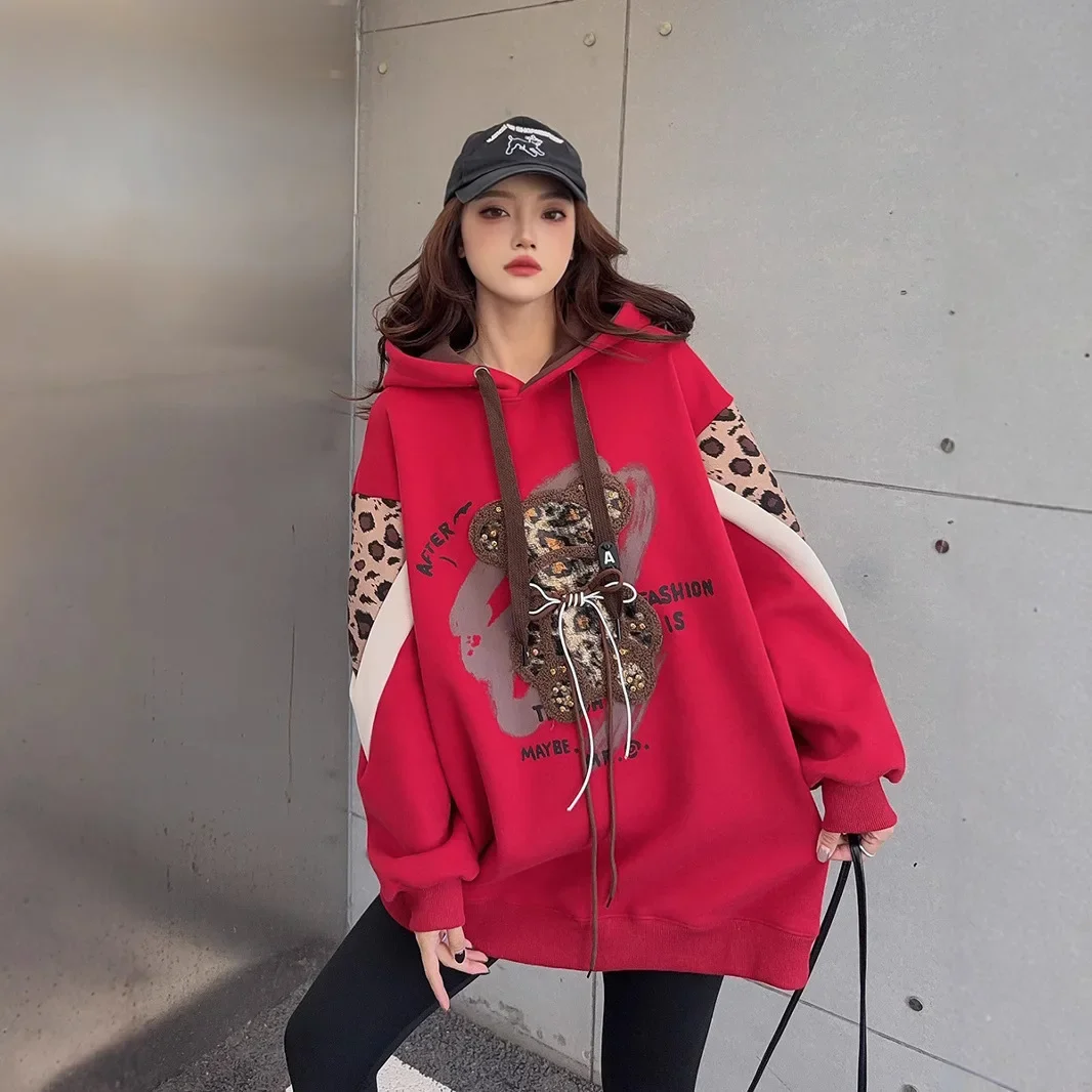 Autumn and Winter Mid Length Loose Casual Hooded Jacket Female Cartoon Jacquard Fleece Hooded Sweatshirts Women 2024 New