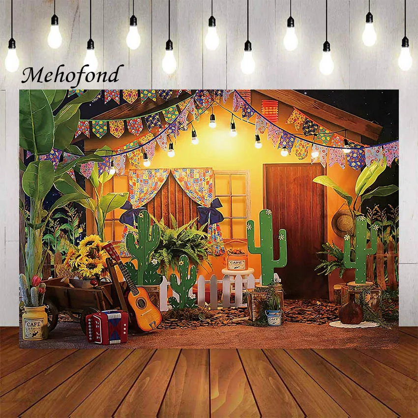 Mehofond Photography Background Mexican Fiesta Flower Cactus Guitar Flags Kid Birthday Party Portrait Decor Backdrop Photo Studi