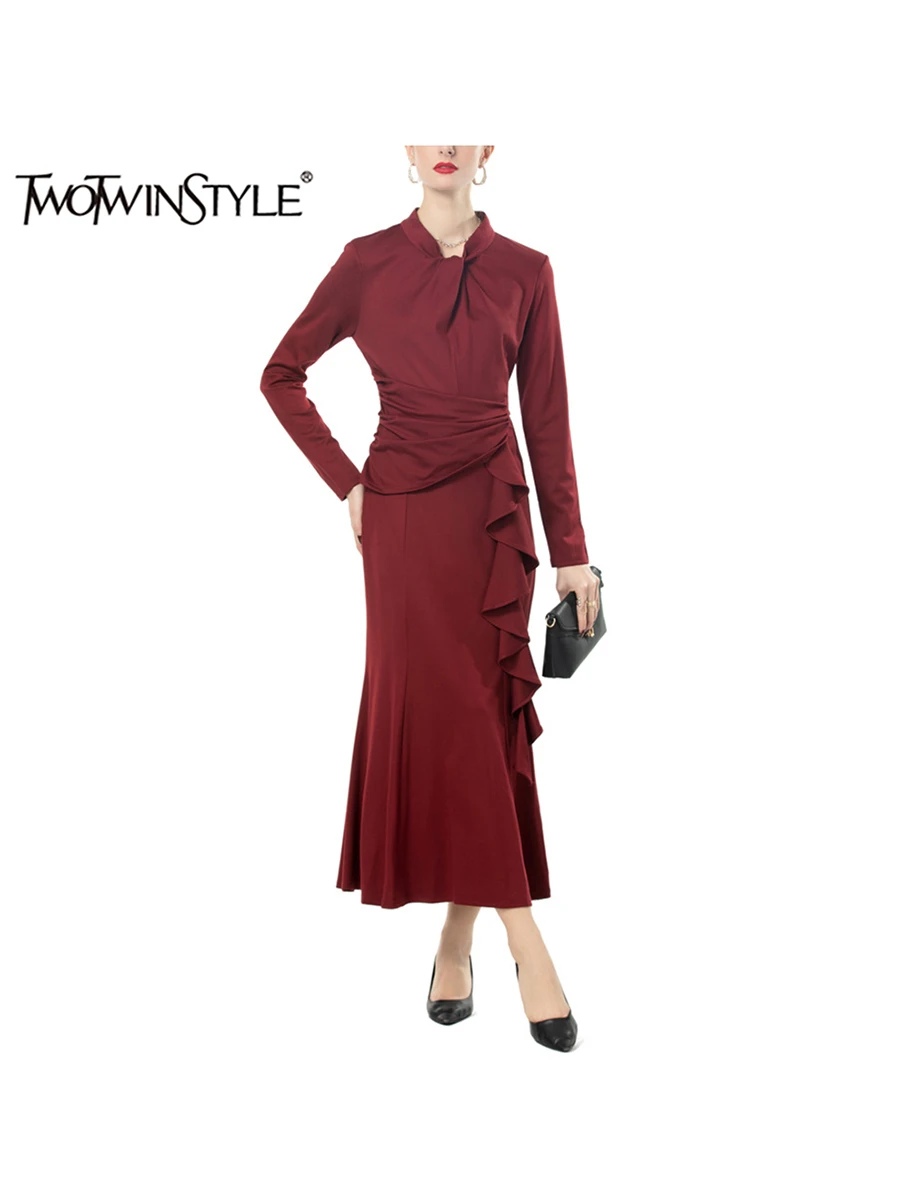 TWOTWINSTYLE Solid Spliced Ruffles Slimming Dresses For Women Scarf Collar Long Sleeve High Waist Temperament Dress Female New