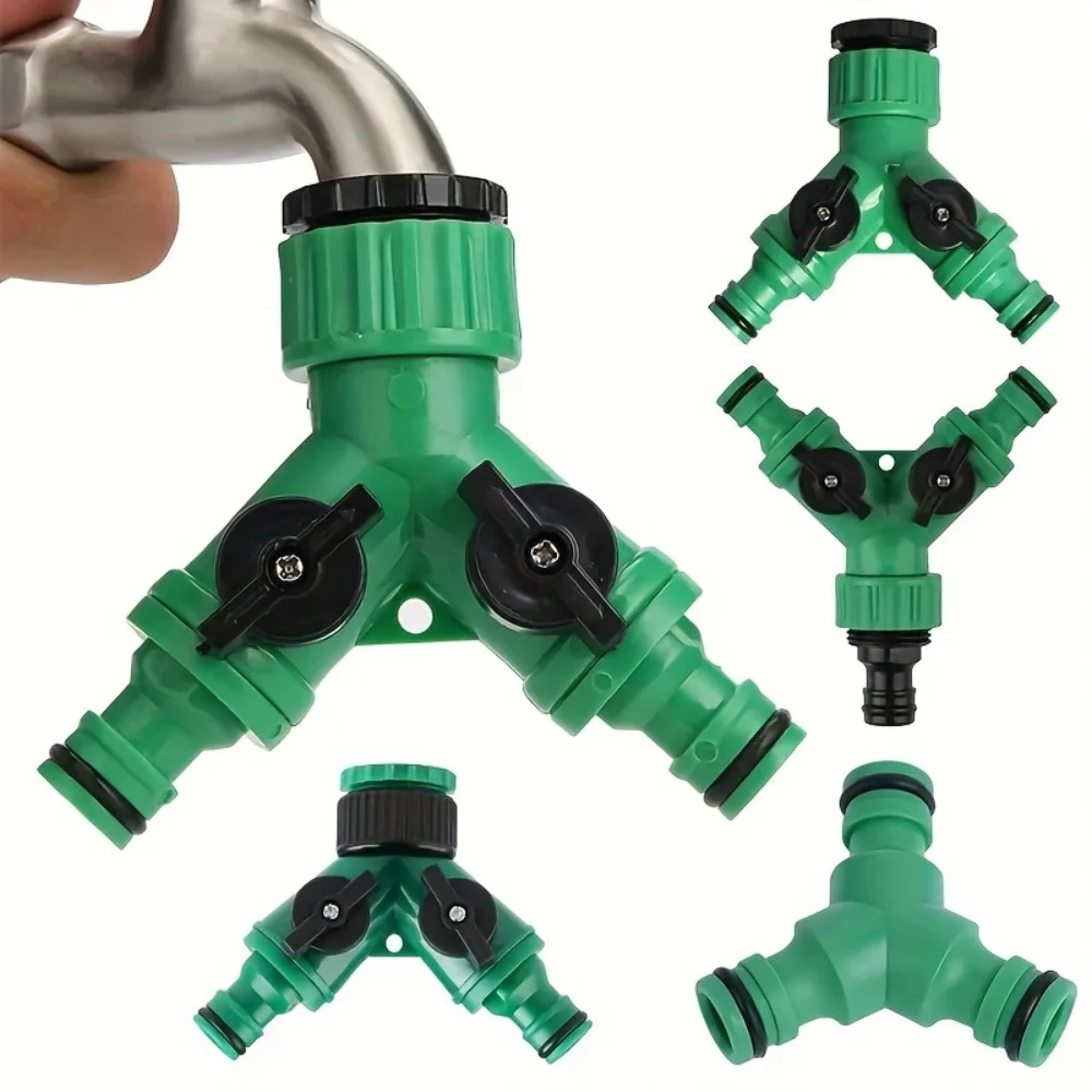 English: Two-Way Y Type Hose Faucet Connector Splitter, Garden Water Pipe Diverter Adapter Household Irrigation Accessory