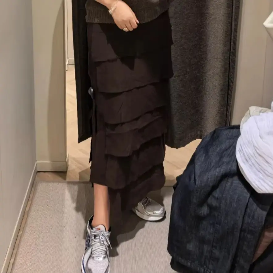 

KONDALA Vintage Brown Elegant Tierred Casual Modern Woman Long Skirts Fashion 2025 Streetwear Chic Mujer Luxurious Midi Skirts
