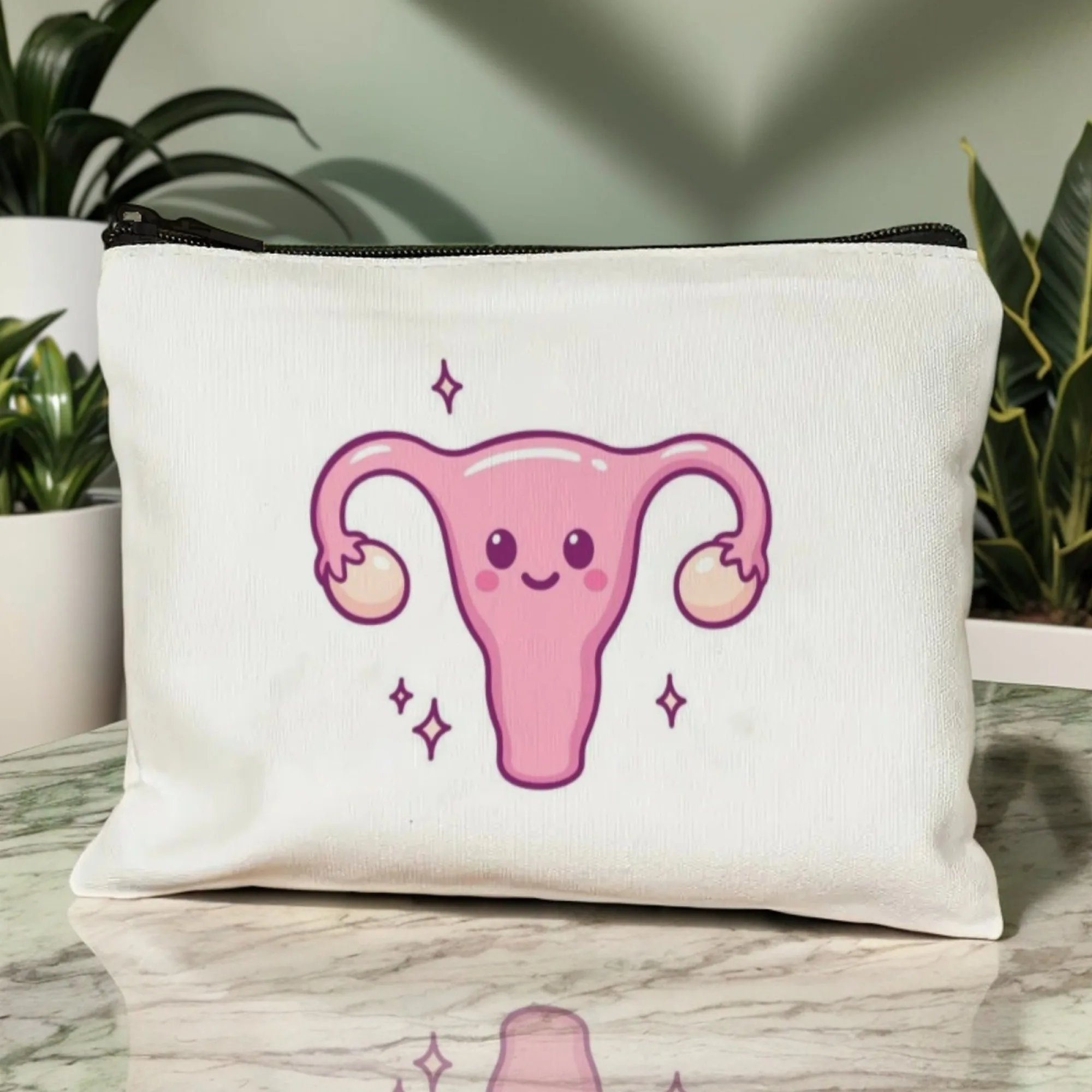 Cute Cartoon Uterus Makeup Bag Wallet Blush Pink with Smiling Uterus & Heart Confetti Fun Ideal Gift for OBGYNs & Midwives