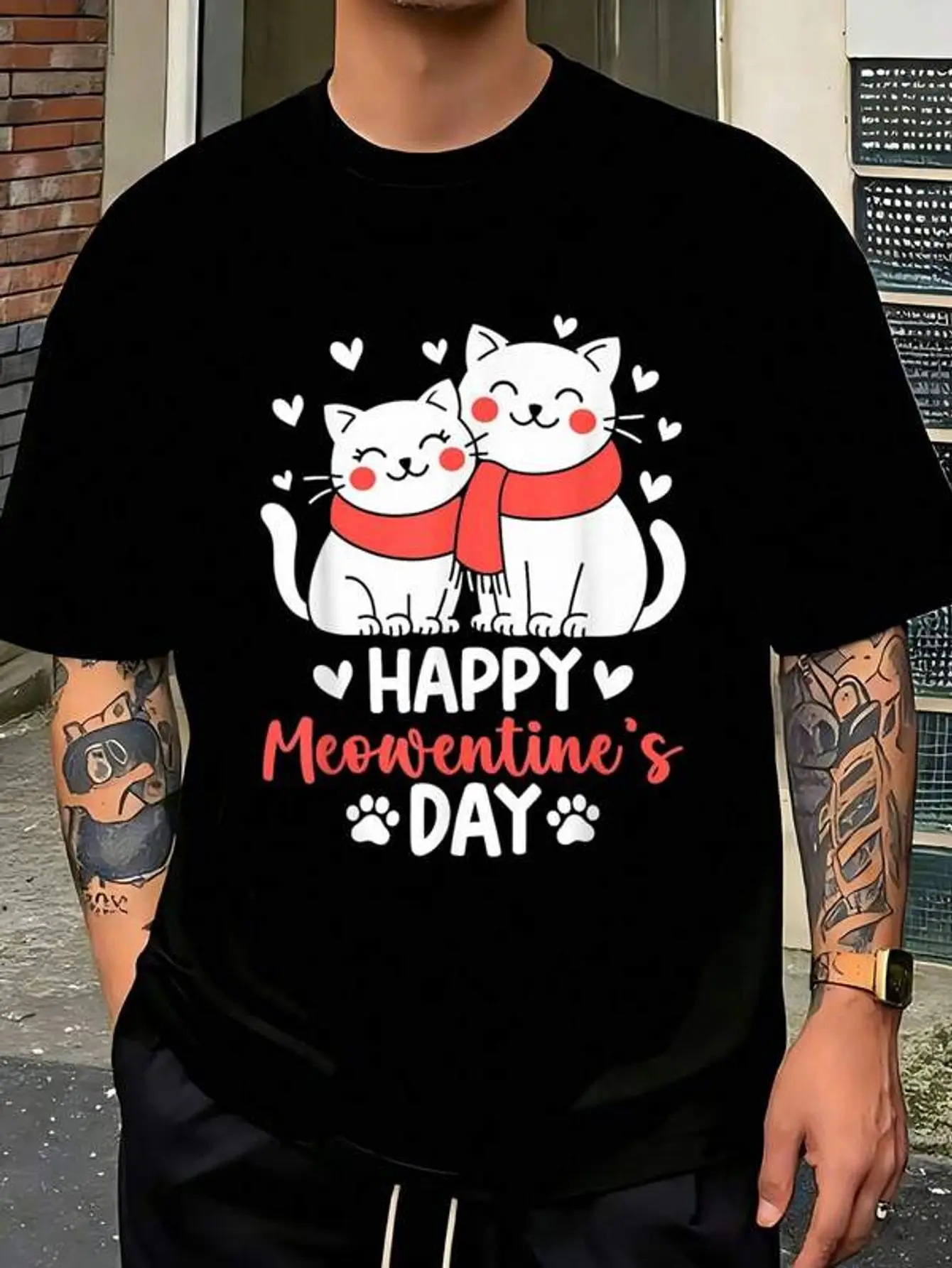 Happy Meowentine's Day Kitten Valentines Cute Lovers-Shirt       Jpg  Camisas Para Hombre Men's-Shirt Graphic Tees  Crop Tops  Outfits   Tops-Shirt