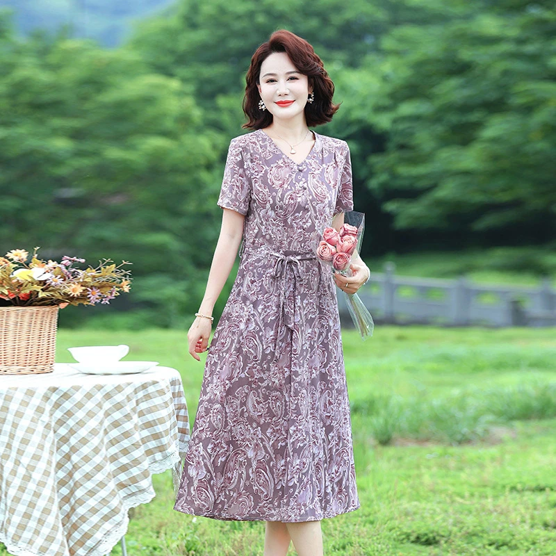新しいミディアム丈痩身フラワープリントドレス夏の母親の服装 V ネック半袖プリント A ラインスカート