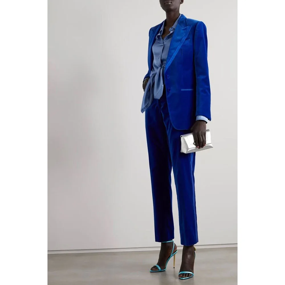 New in Blue Winter Suits for Women Notch Lapel 2 Pieces Jacket Pants Female Clothing Slim Fit Office Lady Smart Blazers Sets