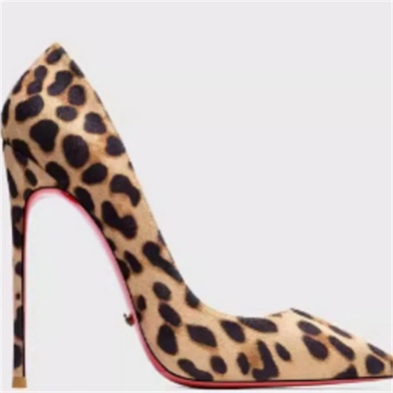 Spring New Red Sole High Heels Women\'s Thin Heels Shallow Mouth French Sexy Leopard Print Mesh Red Single 34-44