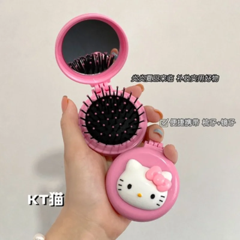 Sanrio-Mini espejo de maquillaje para mujer, peine plegable de Hello Kitty Kuromi con Airbag, portátil, cojín de aire, regalos para niñas