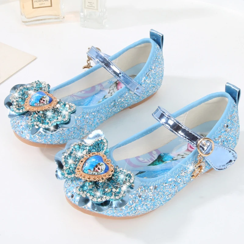 Chaussures en cristal de princesse Elsa pour filles, chaussures plates simples pour enfants, chaussures de dessin animé Disney pour enfants, semelle souple, mode mignonne pour bébé