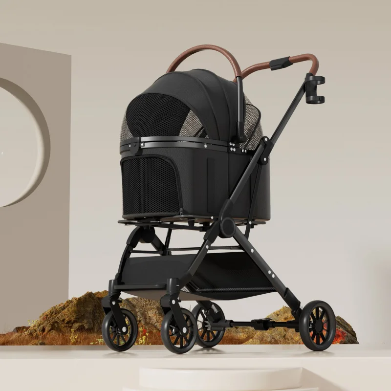 Lightweight foldable pet stroller, detachable bag, suitable for dogs, cats, Teddy & small pets, ideal for outings.