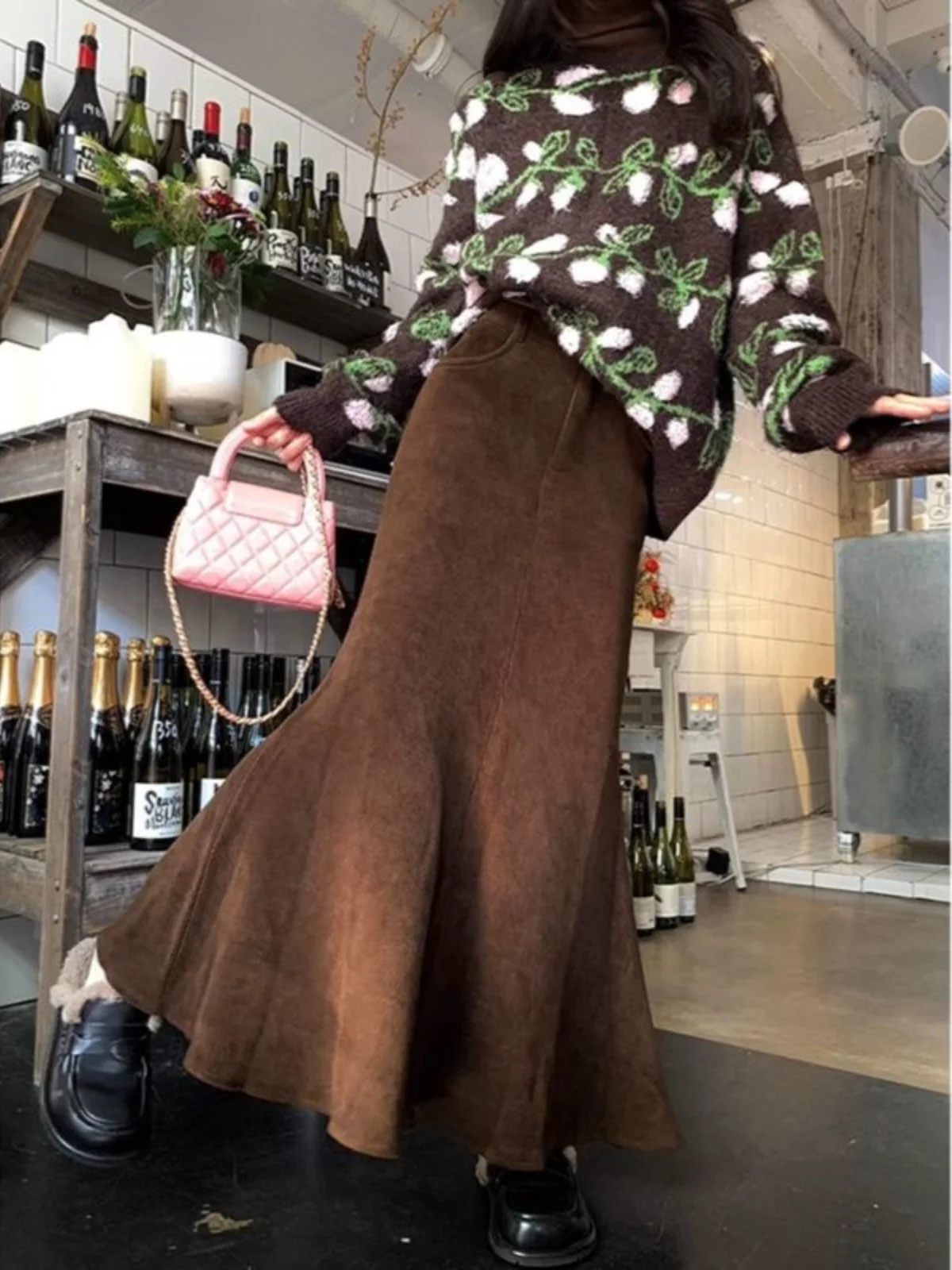 

plus Size Corduroy Fish Tail Skirt Women's Thick Warm Wrap around Winter Long Skirt High Waist Button Detail Korean Style