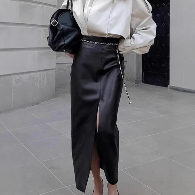 

French Style Autumn Women's Leather Skirt High Waist Split Zipper Long Bodycon Female Skirt Instagram-Style Chic Skirt For Lady