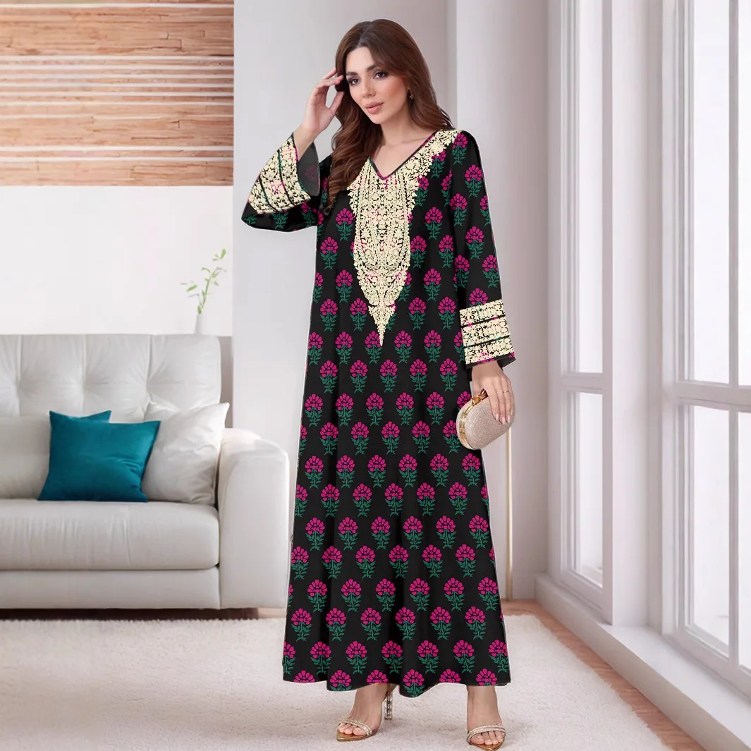 

Ид вечернее платье для женщин мусульманская Абая с длинным рукавом Джалабия с цветочным принтом Рамадан длинные платья Vestidos Largos арабский длинный халат