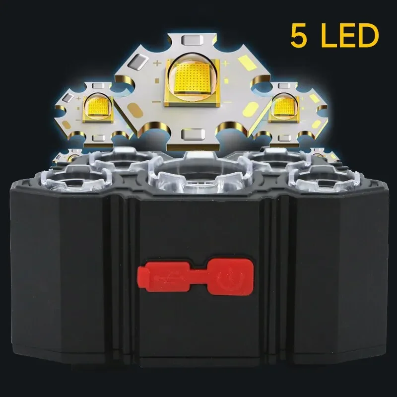 Portable 5 LED Flashlight Rechargeable with Built in 18650 Battery Strong Light Camping Adventure Fishing Head Light Headlamp