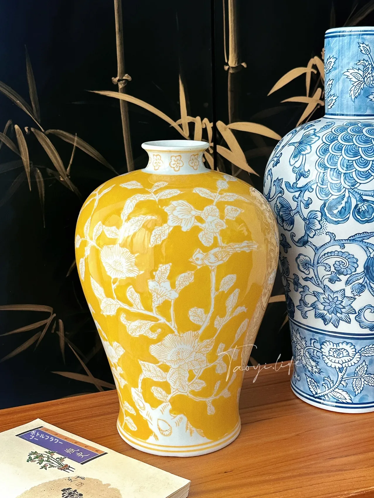 Nuevo jarrón chino Sle pintado a mano con flores, pájaro, Cerc amarillo, contenedor decorativo de flores secas, regalo móvil