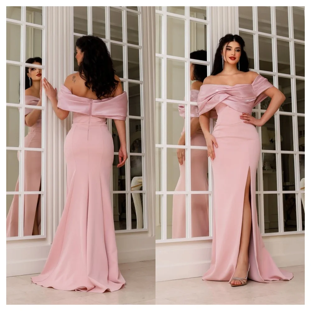 

Customized Mermaid Elegant Pink Jersey Evening Dress Fashion Boat Neck Off the Shoulder Sleeveless High Quality Celebrity Gowns