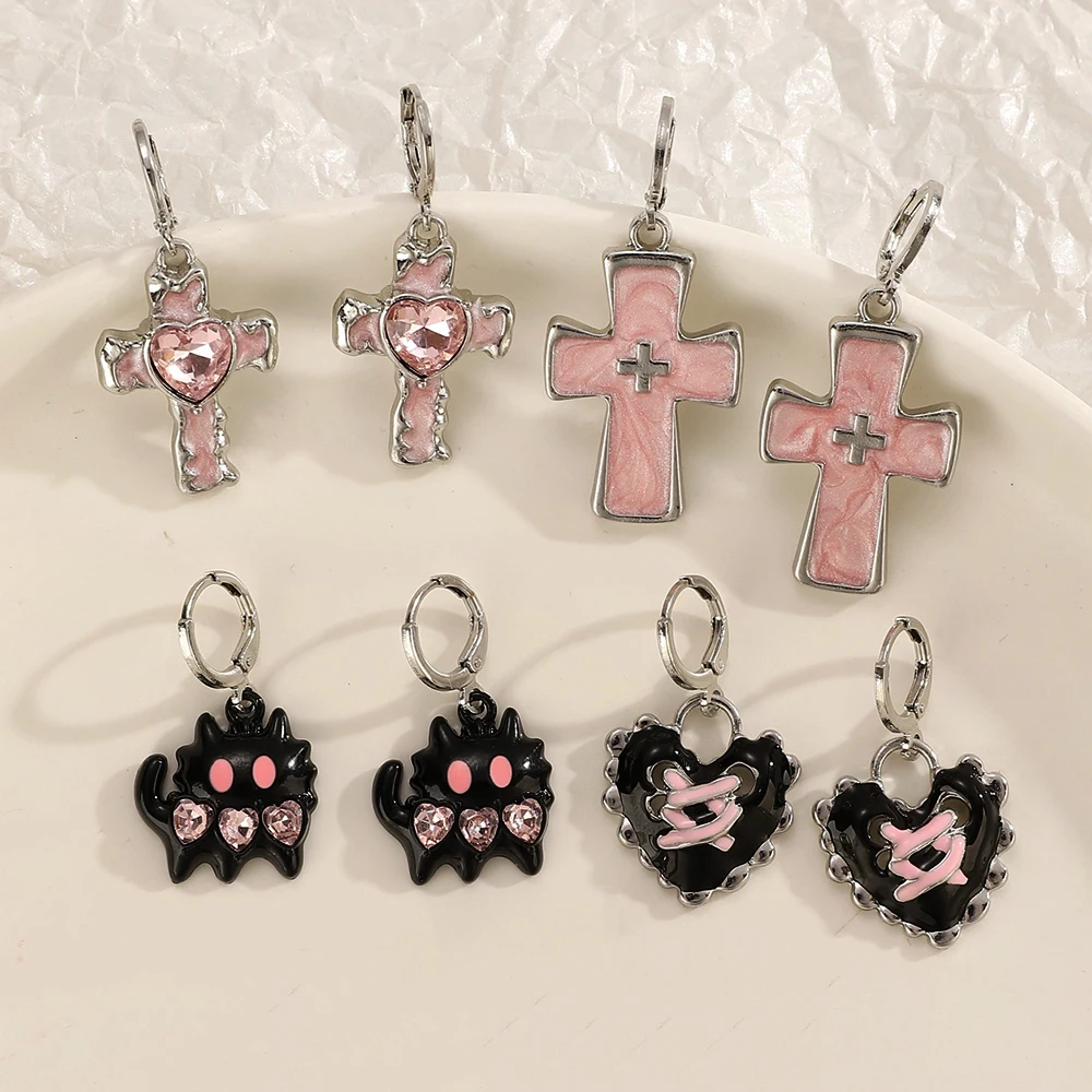 Y2K Star Heart Pink Crystal Bowknot Cross Hoop Earrings for Women Gothic Pink Charms Earrings Buckle 2000S Aesthetic Jewelry