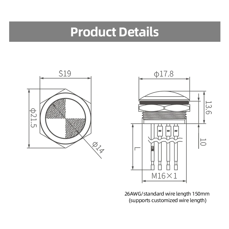 16 mm Metallanzeige, hellblaues Licht mit 150 mm Kabel