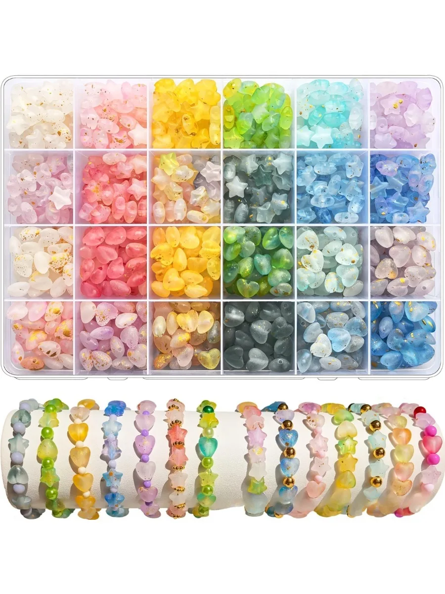 

10*9mm Acrylic Star & Heart Beads Set Frosted Golden Foil Pastel Colorful Assorted Beads for DIY Jewelry Making