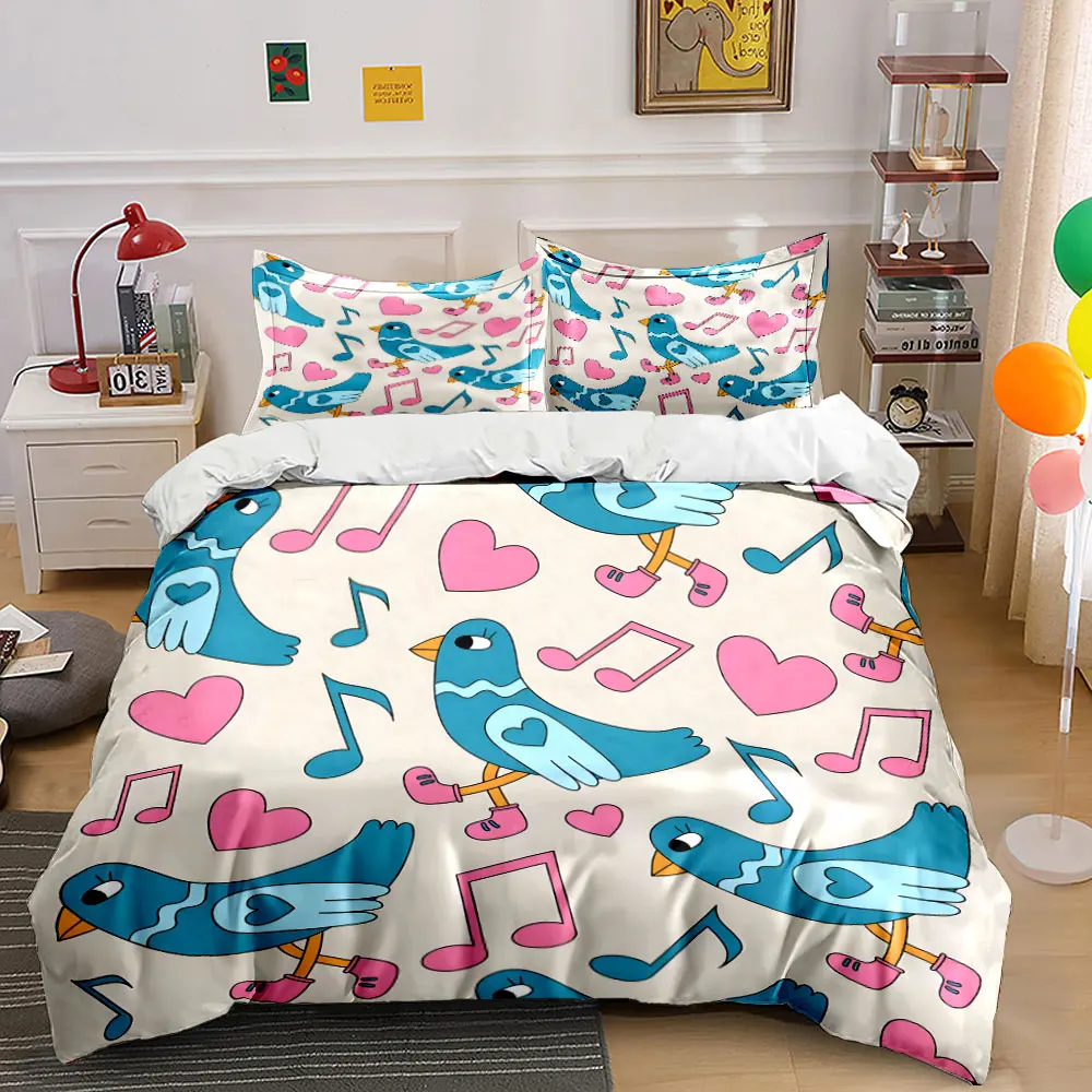 Blue birds with pink hearts background Bedding Set 1 Duvet Cover 2 Pillowcases for Adult and Children Luxury Gift Full Size