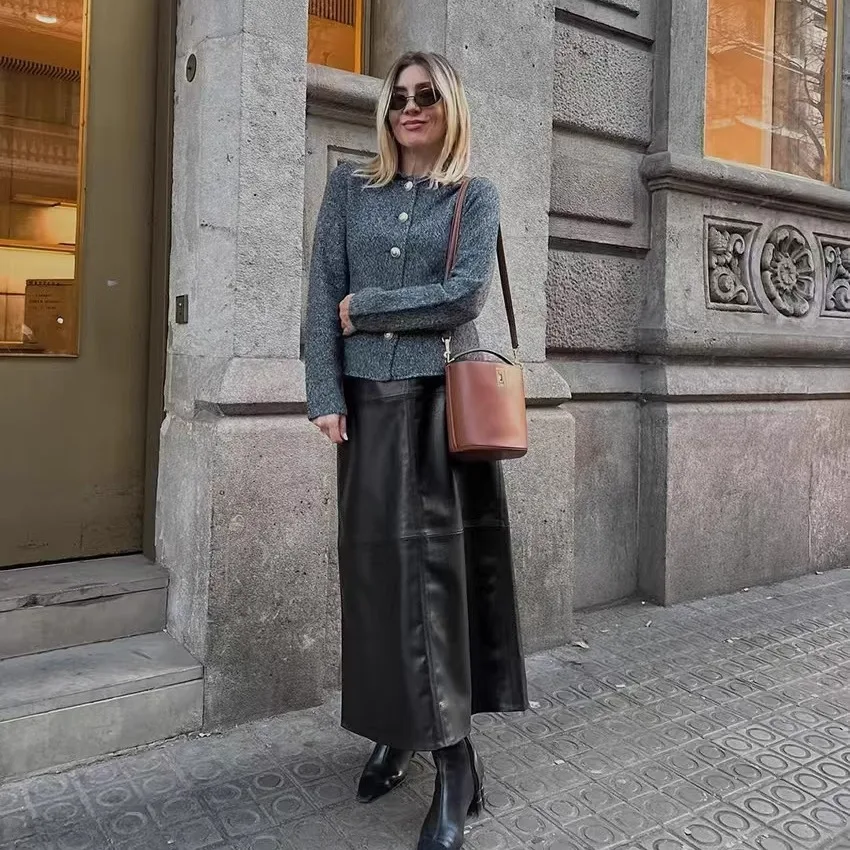 FCE-gefütterter PU-Leder-Splitrock mit hoher Taille für den Pendelverkehr, gerader Schlauch, mittellanger A-Linien-Farbrock für Damen