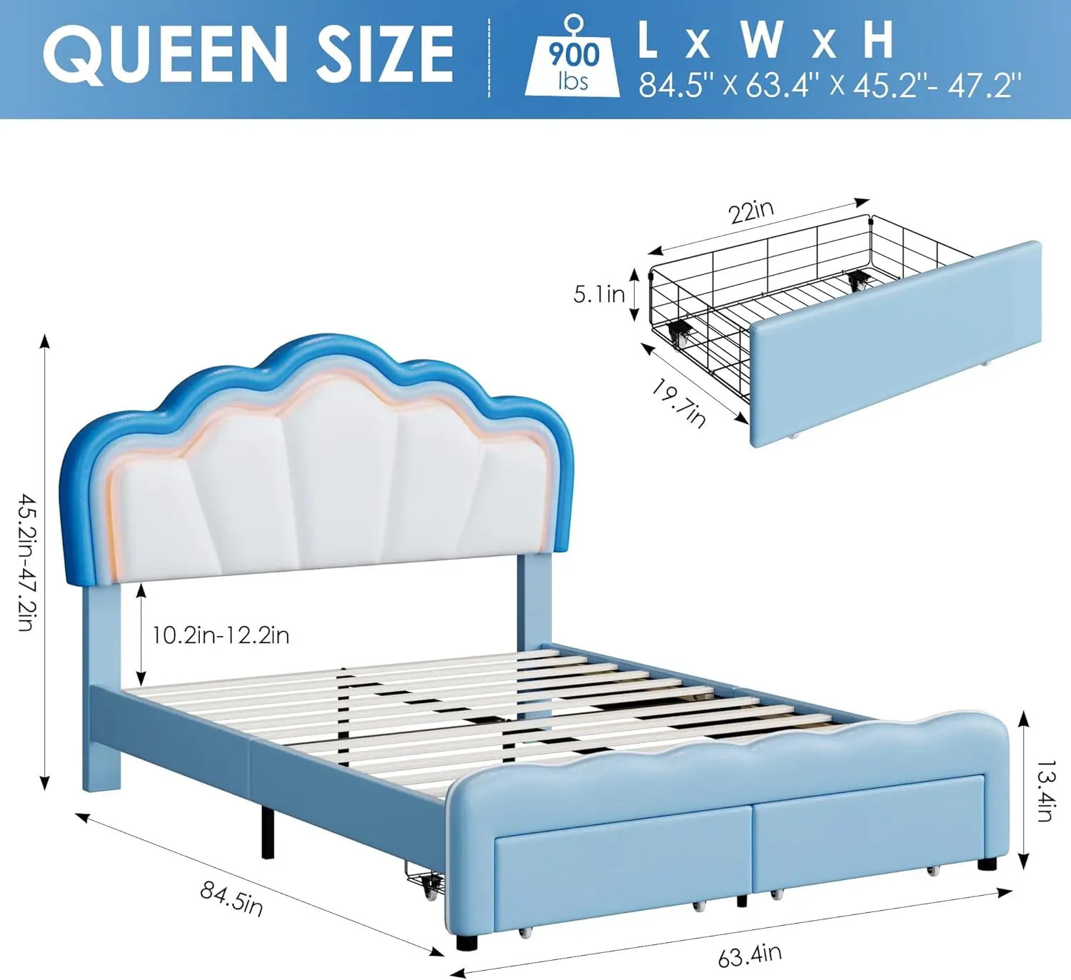 HOSTACK Queen Upholstered LED Bed Frame with Storage Drawers, Cute Boys Bed with Adjustable Lotus Headboard, Faux Leather