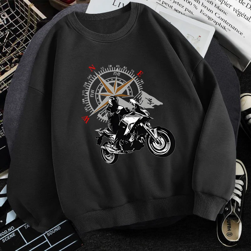 Street Men's Trip Sweatshirt Funny Mountain Motorcycle and Compass Graphic Pullover Fashion Crew Neck Unisex Motorbike Sportwear