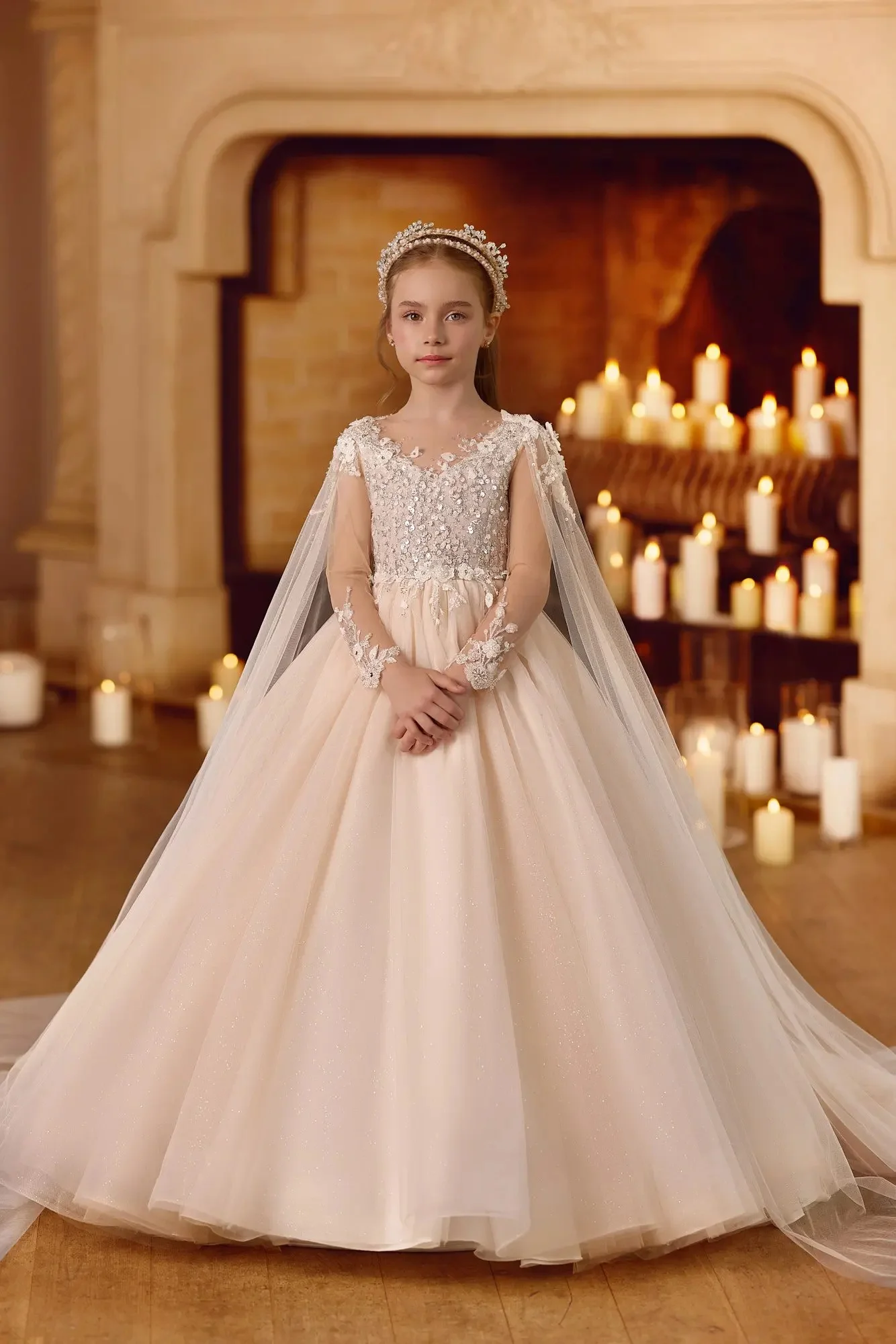 فساتين فتاة الزهور البيج لحفلات الزفاف بأكمام طويلة من الدانتيل مطرز بالخرز، فستان حفلات أعياد الميلاد، فستان التواصل الأول #2