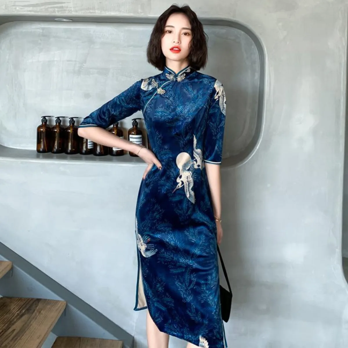 

Velvet Chinese Qipao 2025, Spring Autumn Mid-Sleeve Cheongsam Dress, Young Style Midi Length Halloween Costume Adult China Dress