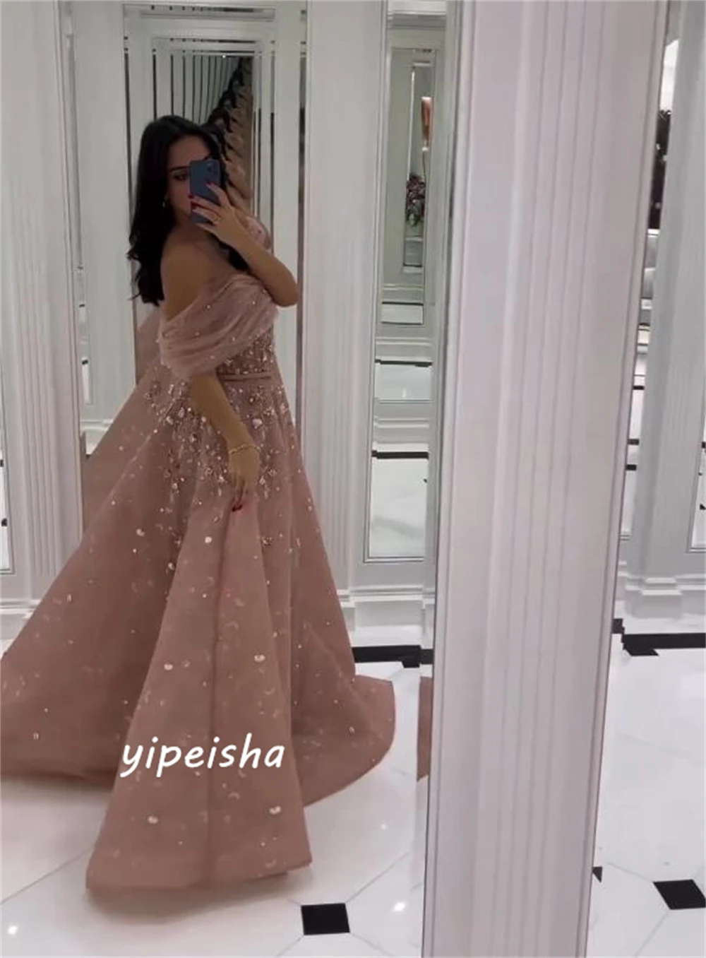 Customized Sparkle Exquisite Off-the-shoulder Ball Gown Beading Paillette / Sequins Organza Evening Dresses
