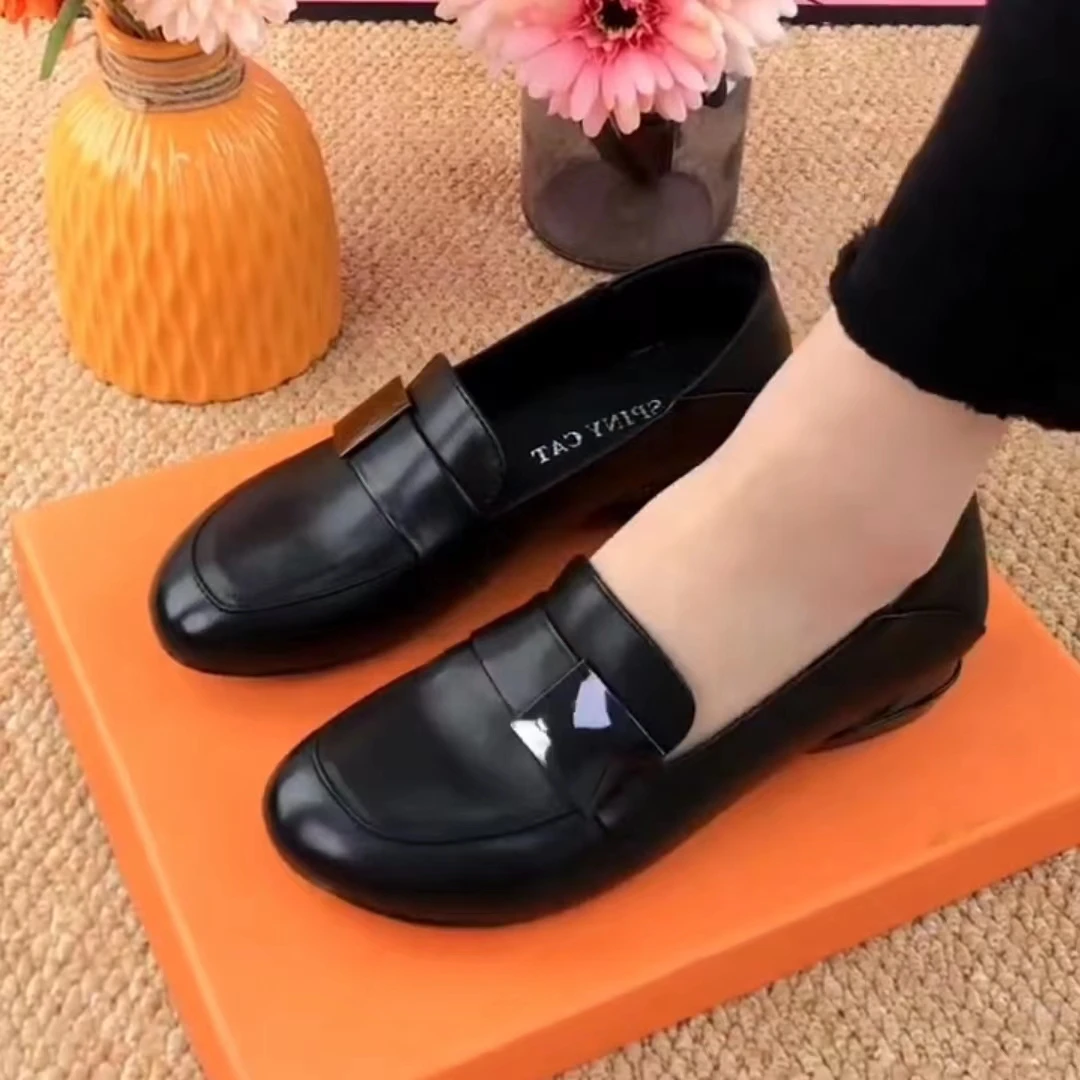 genuine-leather-flat-heel-women's-shoes-spring-summer-new-style-round-head-soft-bottom-cowhide-black-versatile-deep-mouth-lad