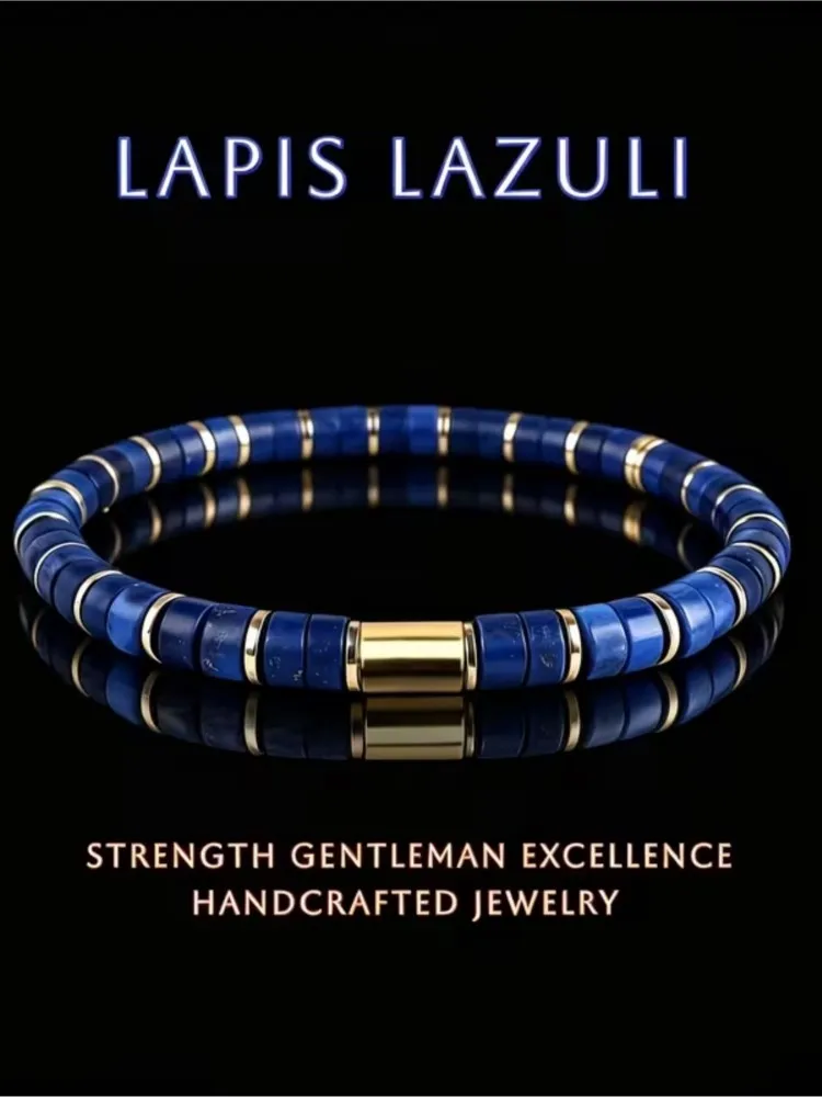 Bransoletka z naturalnymi koralikami z lapis lazuli dla kobiet i mężczyzn symbolizująca siłę i sukces, elastyczna biżuteria na prezent. — 2