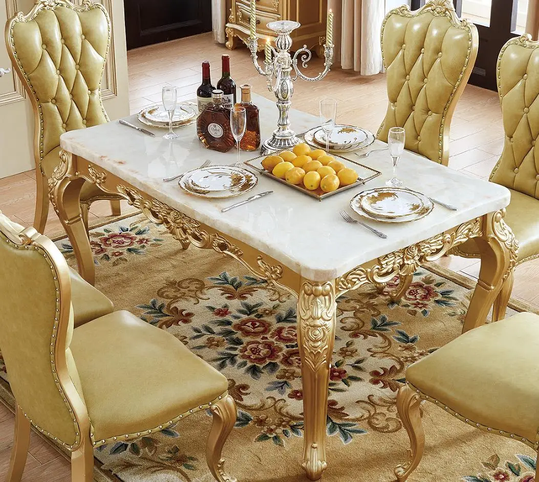 Solid Wood Base Frame Marble  Top Royal Design Gold Color  European Luxury Dining Table Set  Dinning Table and Chair