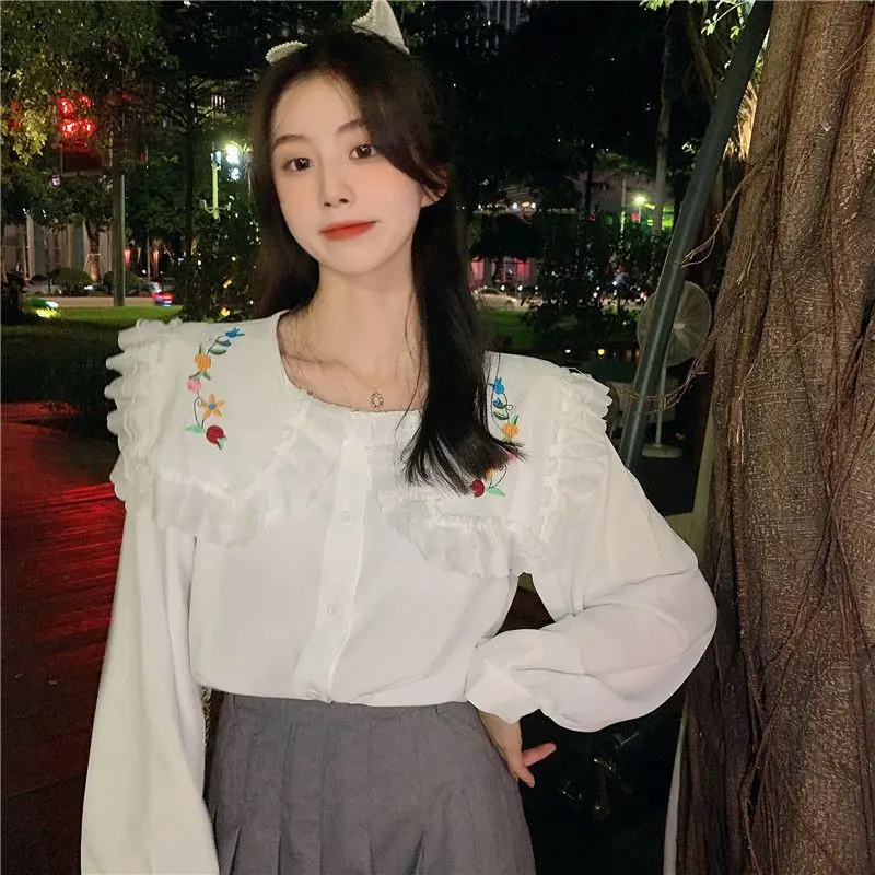 Spring New Embroidery Patchwork Top Shirt Long Sleeve Solid Peter Pan Collar Loose Blouse Fashion Youth Sweet Women Clothes