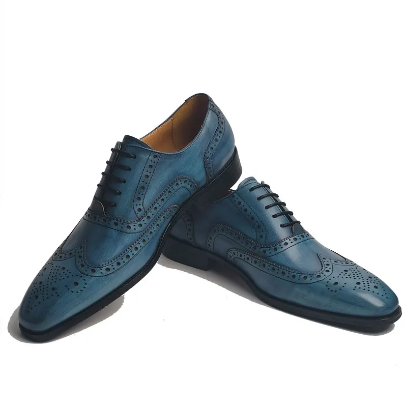 

2025 New Arrival Lace up Brogue Shoe for Men Elegant Comfortable Genuine Leather Pointed Toe Blue Business Social Dress Shoes