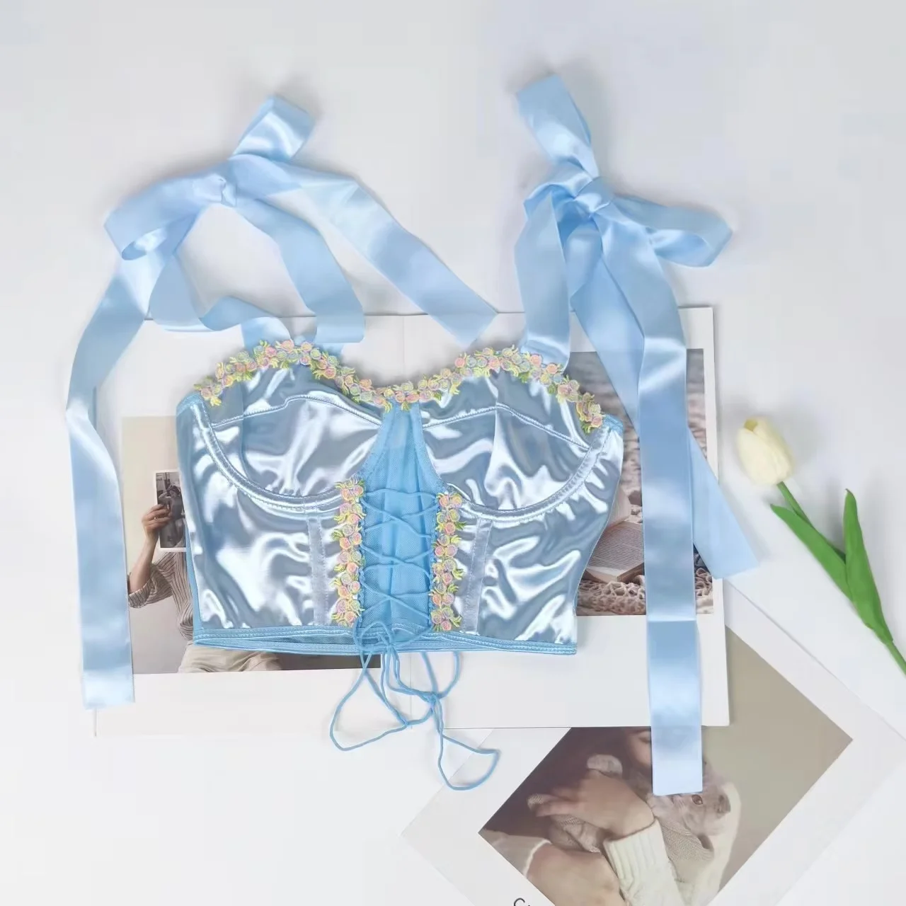 Women's Floral Trim Bustier Crop Top - Lace-Up Underwire Fishbone Hot Girl Suspenders Small Corset Top