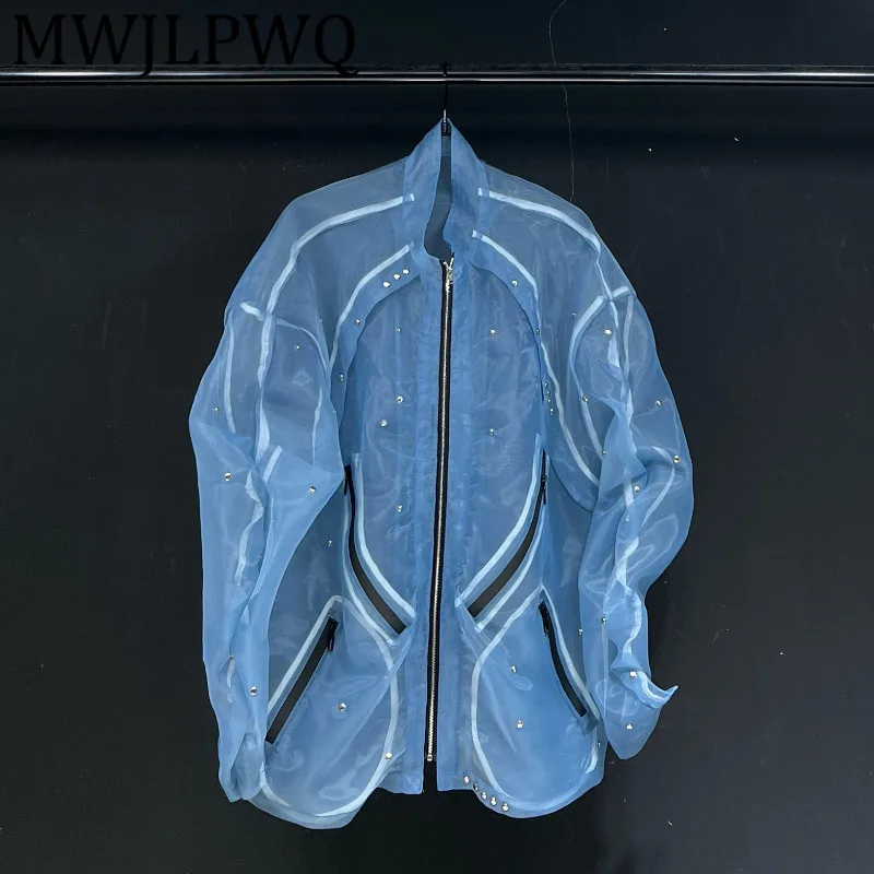 

MWJLPWQ Metal Zipper Pocket Design Organza Male Shirt Elegant Long Sleeve Stand Collar 2025 New Blue Loose Casual Tops 11846