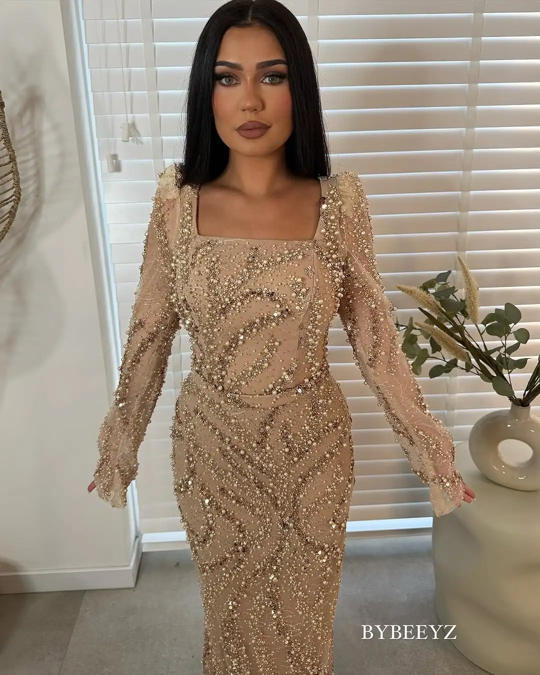 BABYONLINE Customzied Eveing Dress Women Luxury Long Sleeve Elegant party dresses Full Crystals Sheath Mermaid Long Formal Abiye image 2