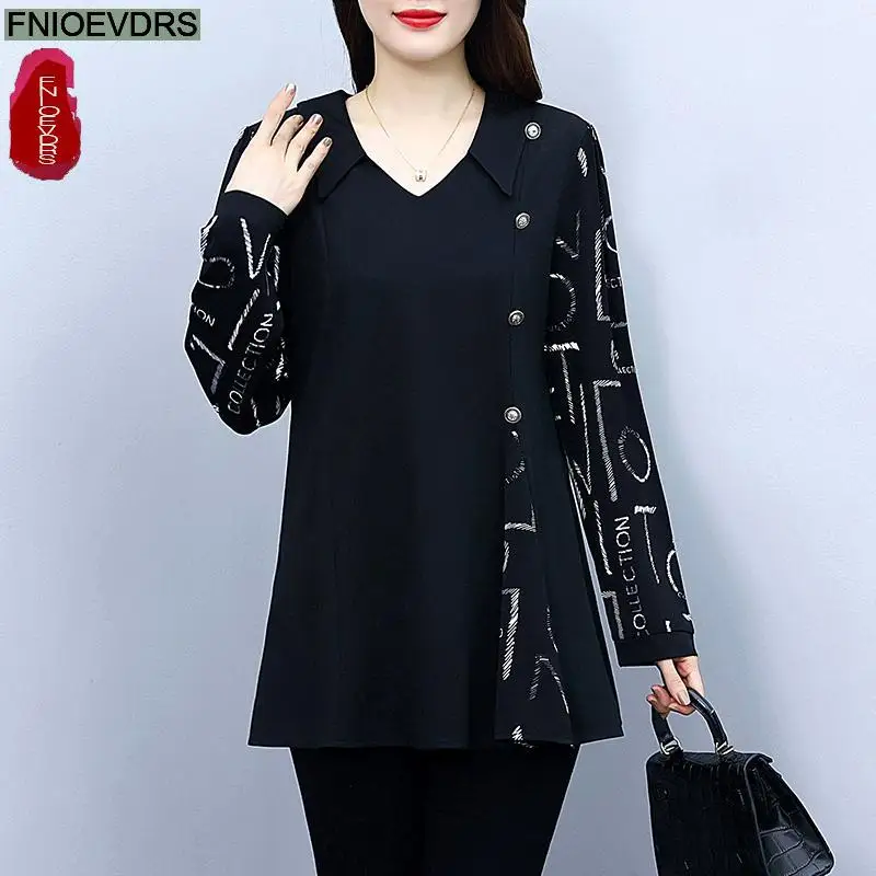 L-5XL 2023 Loose Clothes Women French Design Elegant Office Lady Basic Shirt Button Casual Retro Letter Print Peplum Top Blouse