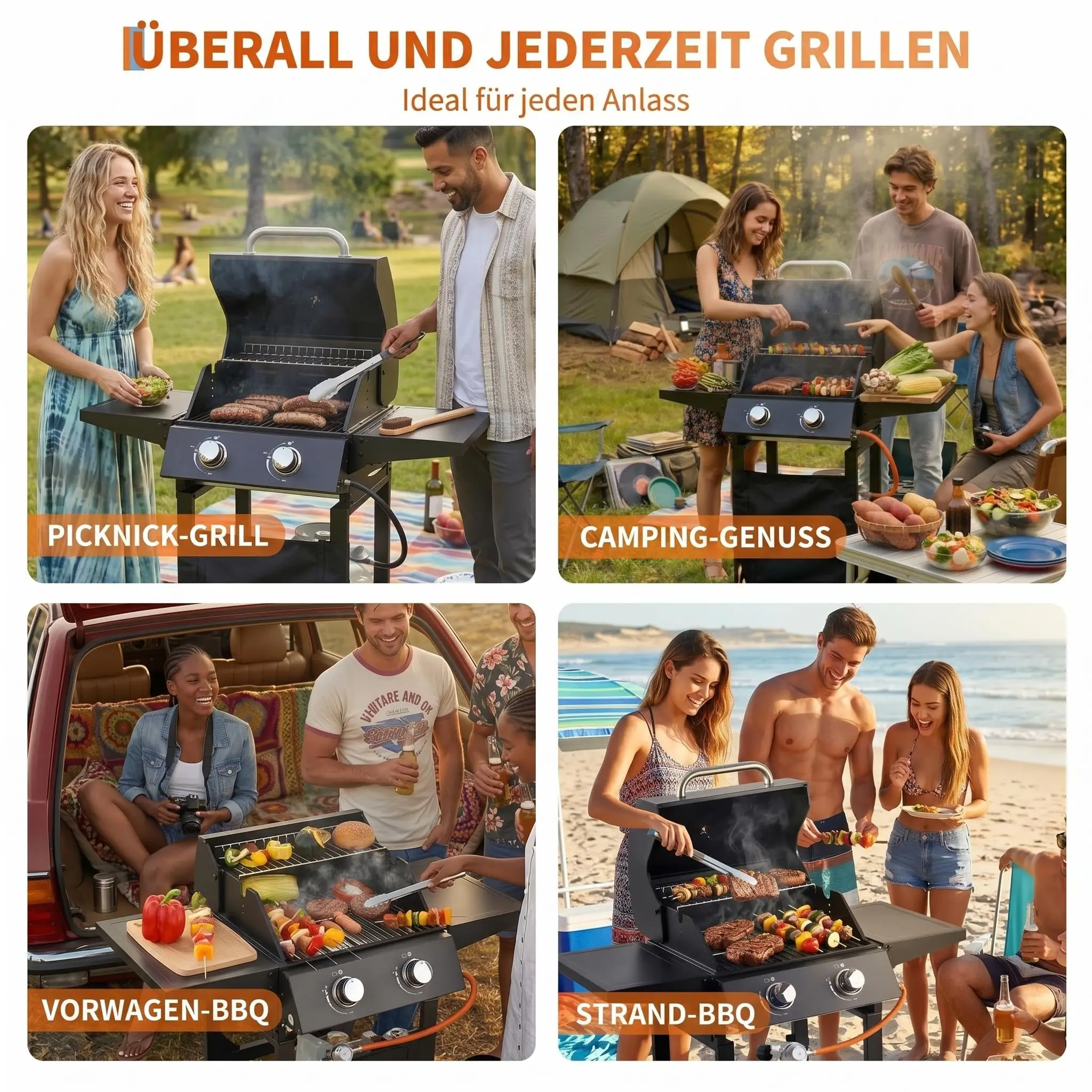 2-Burner Flat Top Grill With 16,000 BTU, BBQ Grill Cart With 1512 cm² Cooking Area, Usable As A Stand-Up Or Tabletop Grill, With 2 Transport Wheels, Weatherproof With Lid, Stainless Steel Burners.