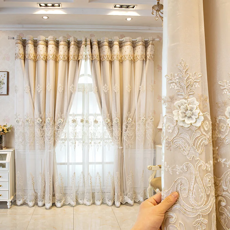 ヨーロッパの高級二層遮光カーテン寝室の窓レリーフ刺繍花布カーテン + ボイルカーテン家の装飾