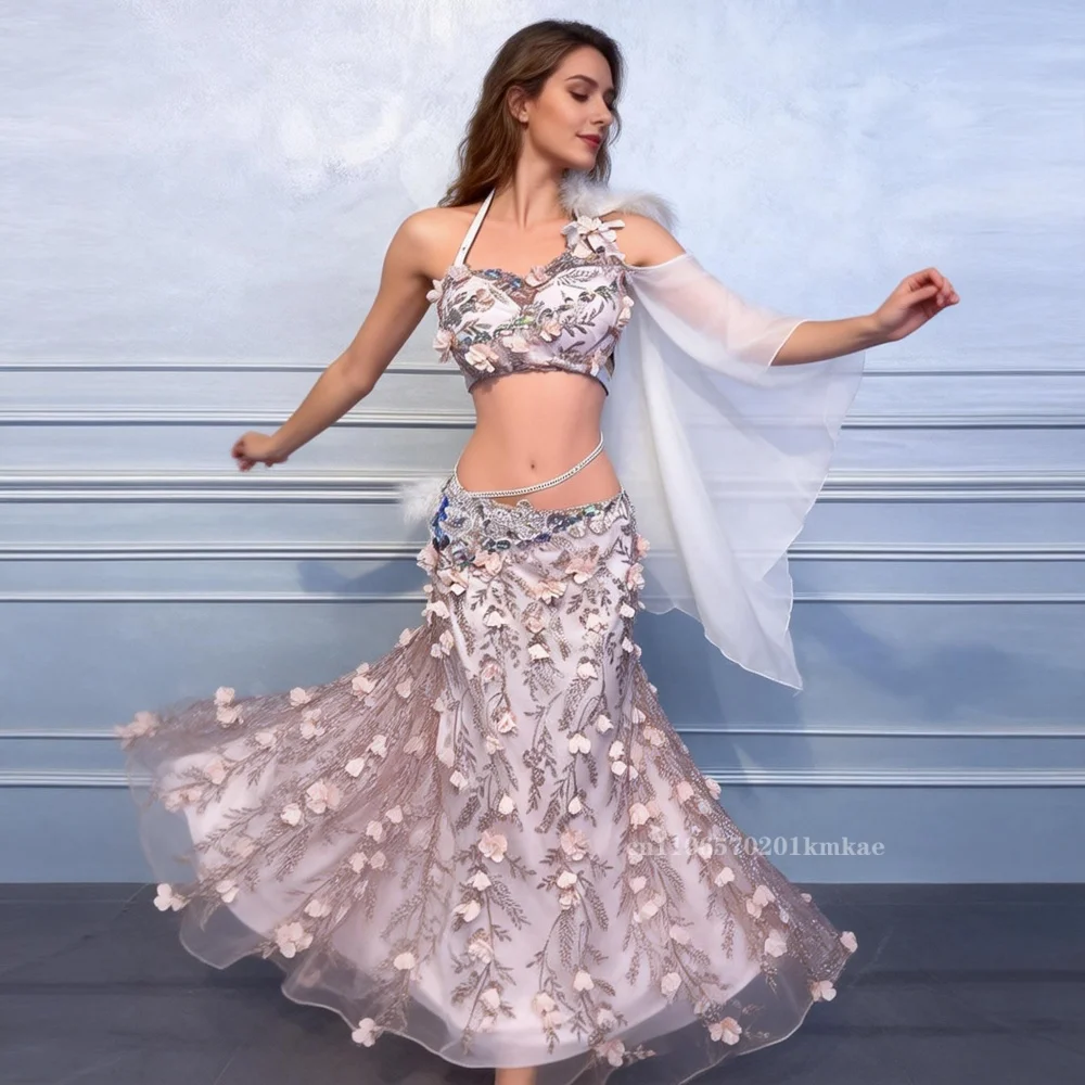 Strój do tańca brzucha dla kobiet, szyty na miarę, z wykwintnymi kwiatami, stanik + seksowna długa spódnica z rozcięciem, kostiumy do występów tańca orientalnego.