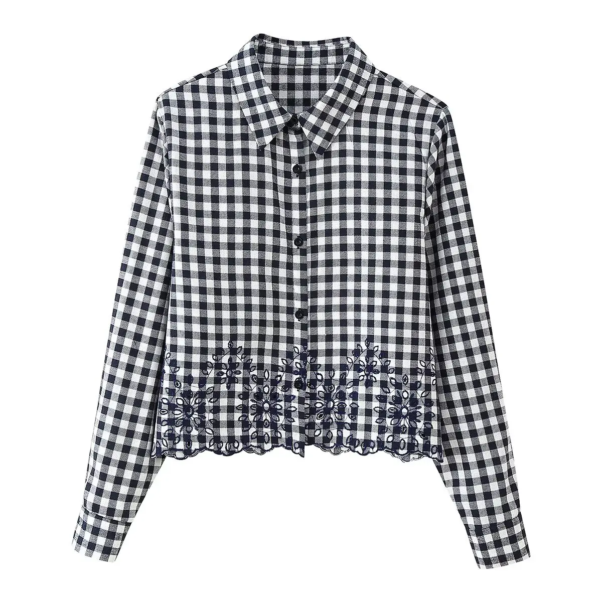 

TRAF & Women 2025 Spring New Fashion Tongle Style Plaid Shirt Chic Hollow Embroidery Casual Long Sleeve Top Blouses Mujer