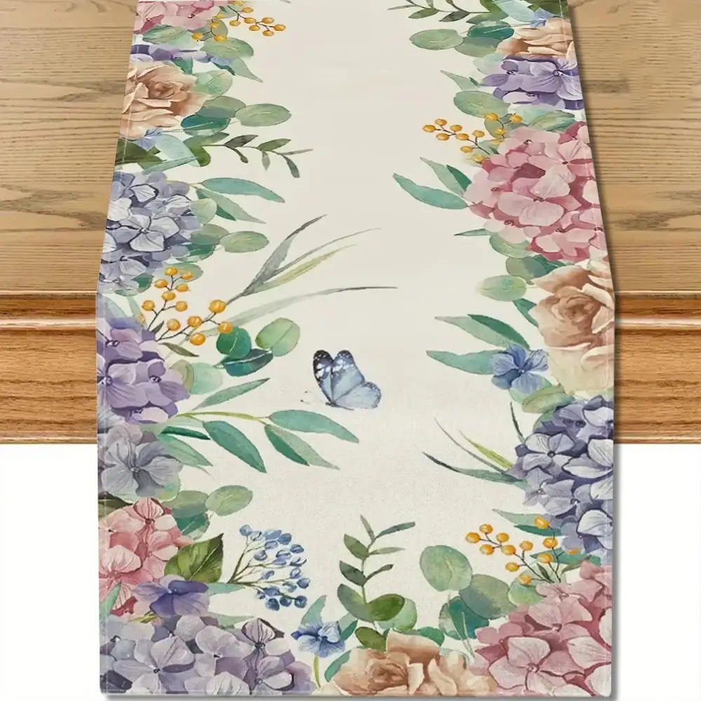 Watercolor Floral Table Runner Butterfly Hydrangeas Dresser Scarves Tablecloth for Home Dining Room Kitchen Wedding Party Decor
