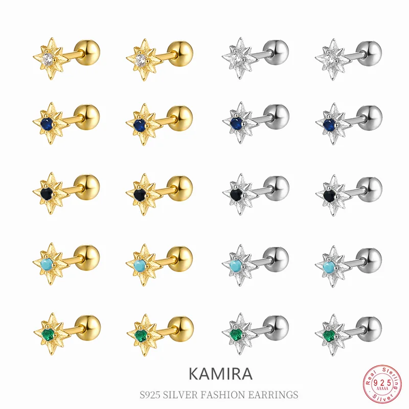 KAMIRA 925 Sterling Silver Mini Green Star Zircon Earrings for Women Luxury Vintage Spiral Bead Earrings Party Delicate Jewelry