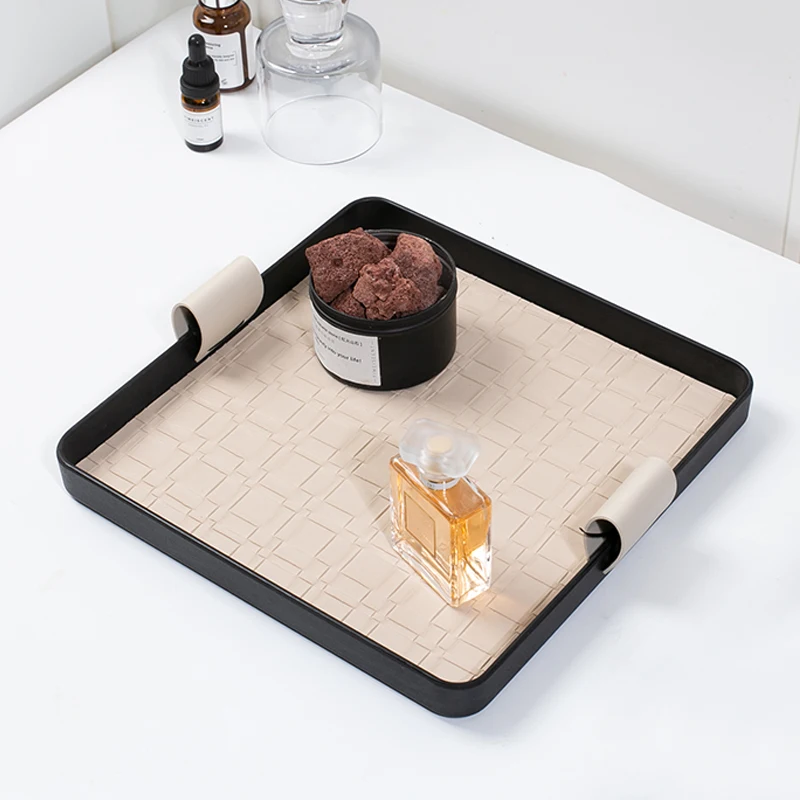 

PU Leather Storage Tray Square Jewelry Cosmetic Plate with Handle Fruit Tea Coffee Snack Tray Home Living Room Desktop Organizer