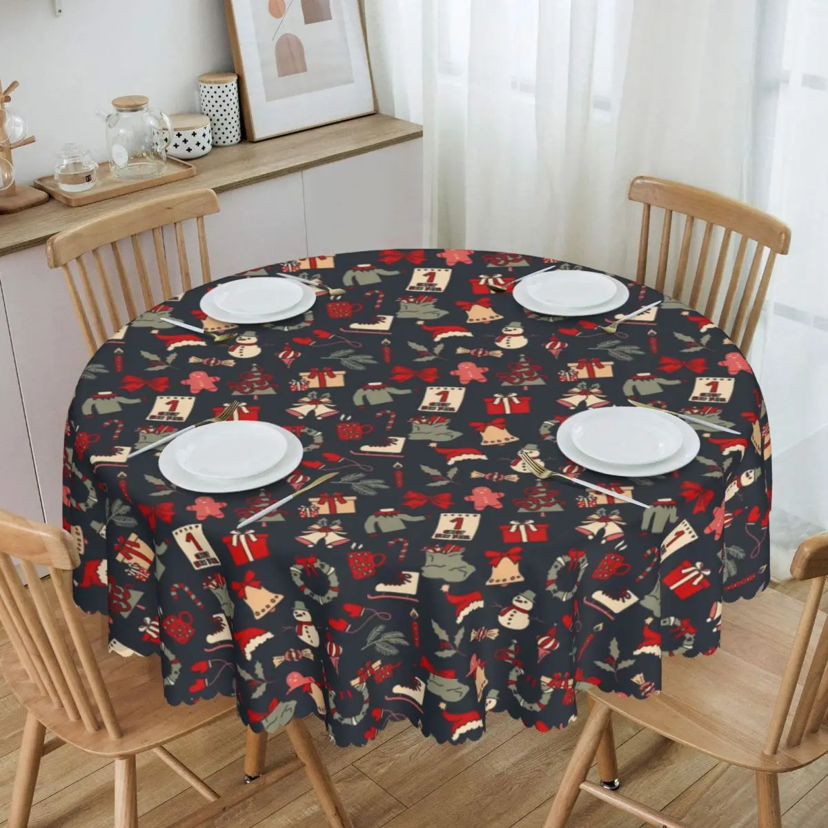 Custom Round Merry Christmas Gift Tablecloth 60 inch Kitchen Dinning Table Cloth Spillproof Table Covers