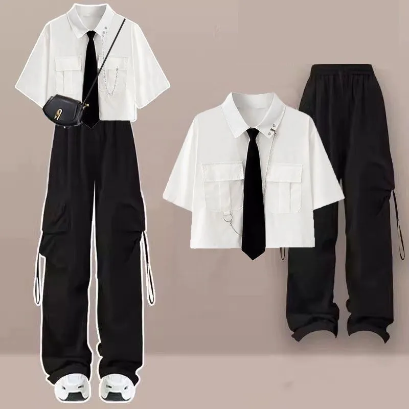 Girl 2024 Summer New Casual Tracksuit Matching Set Korean College Short-sleeve Shirt+Sport Wide Leg Cargo Pants Two-piece Suit